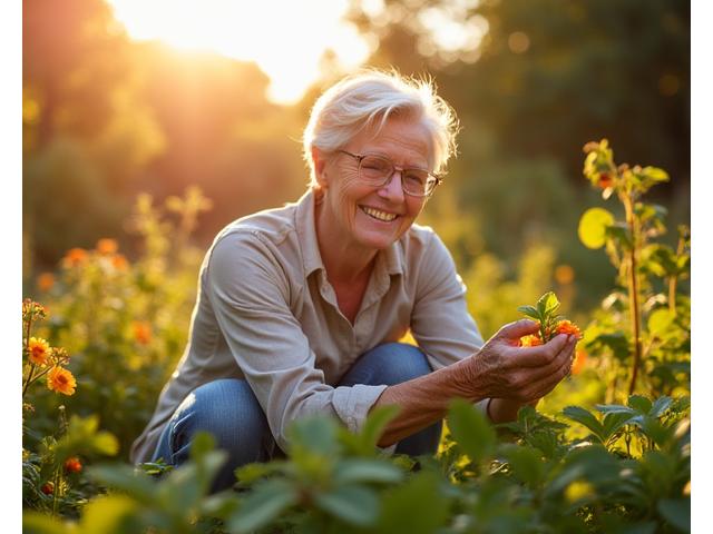 A jubilant woman in her late 50s tending to a vibrant green garden, signifying successful outdoor activity and wellness.