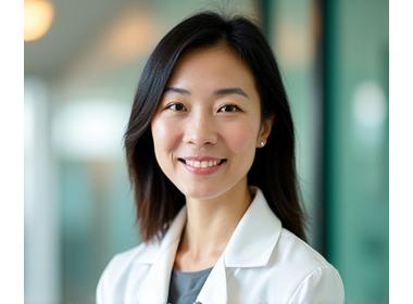 Dr. Sara Chen, a compassionate and knowledgeable gastroenterologist of East Asian descent, smiling gently in a professional medical setting.