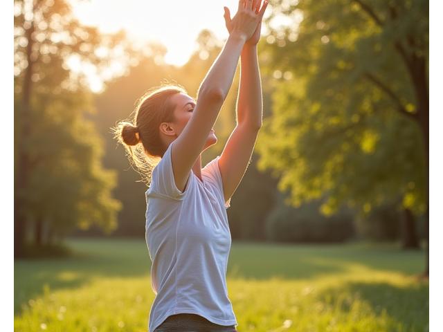 A fit individual in their late 30s or early 40s stretching peacefully in a sunny park, symbolizing physical wellness and movement for adults 35+.