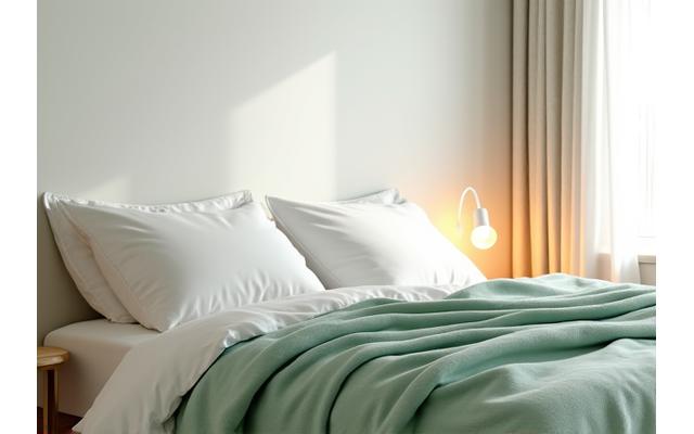 A minimalist bedroom with soft, warm lighting, illustrating concepts of sleep hygiene and restorative rest for optimal well-being.