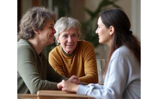 Diverse group of adults interacting in a supportive community setting