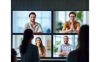 Group of adults participating in a virtual yoga class on screens