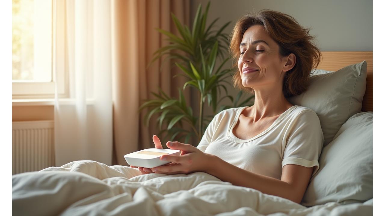 Veridian Bloom member relaxing with a premium sleep sound machine, embodying tranquility and smart savings.